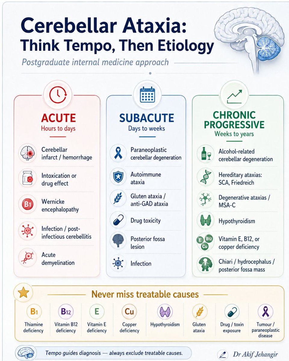 pgMedicine's tweet photo. Cerebellar ataxia should be approached by tempo of onset rather than by memorising isolated causes.
First decide whether the presentation is acute, subacute, or chronic progressive, then narrow the differential and actively look for treatable causes before calling it degenerative https://t.co/BTmuOhQcYg