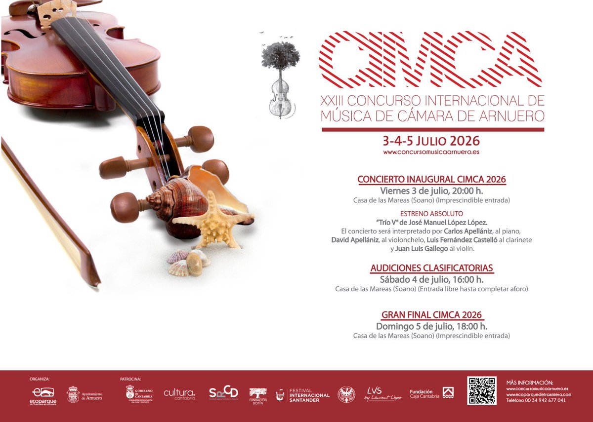 Ecoparque_Cant's tweet photo. ¡Ya llega #CIMCA2026! 🎶
📅 Viernes: concierto inaugural y estreno mundial de Trío V de José Manuel López López. 🎼 Sábado: audiciones clasificatorias. 🏆 Domingo: Gran Final.
Todo en la  Casa de Mareas de Soano.
Con el patrocinio de la Sociedad Regional de Cultura y Deporte. https://t.co/b6nk1bTvMw