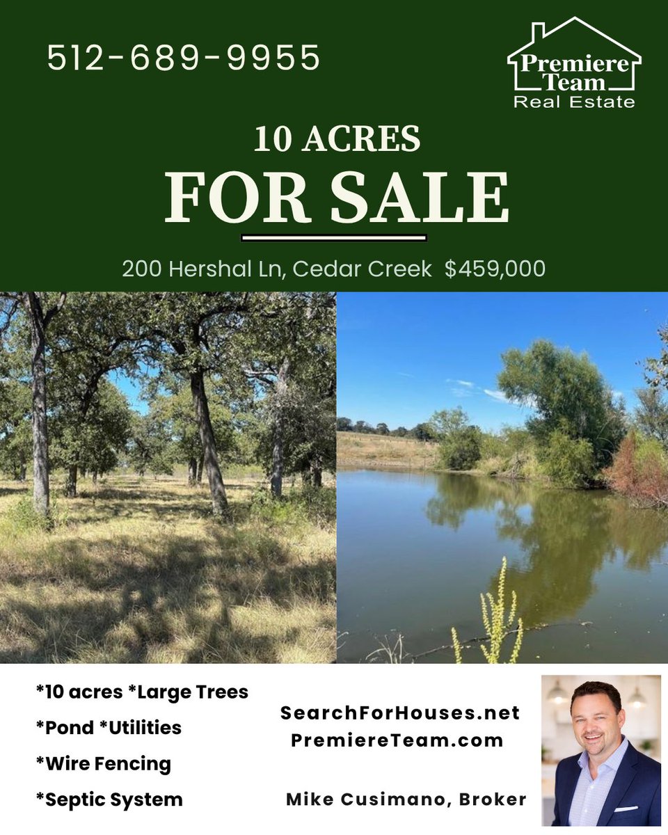 PremiereTeam's tweet photo. #ForSale #CedarCreek #Acreage 512-689-9955 #MikeCusimano #PremiereTeamRealEstate *Over 10 acres of flat land w/large trees, pond, utilities *3-2 mobile home can convey at buyer's request #ABIA #CircuitoftheAmericas #Tesla Giga plant https://t.co/msYqCQaGgo https://t.co/bDq06ToddX https://t.co/y8wp1hkRxZ