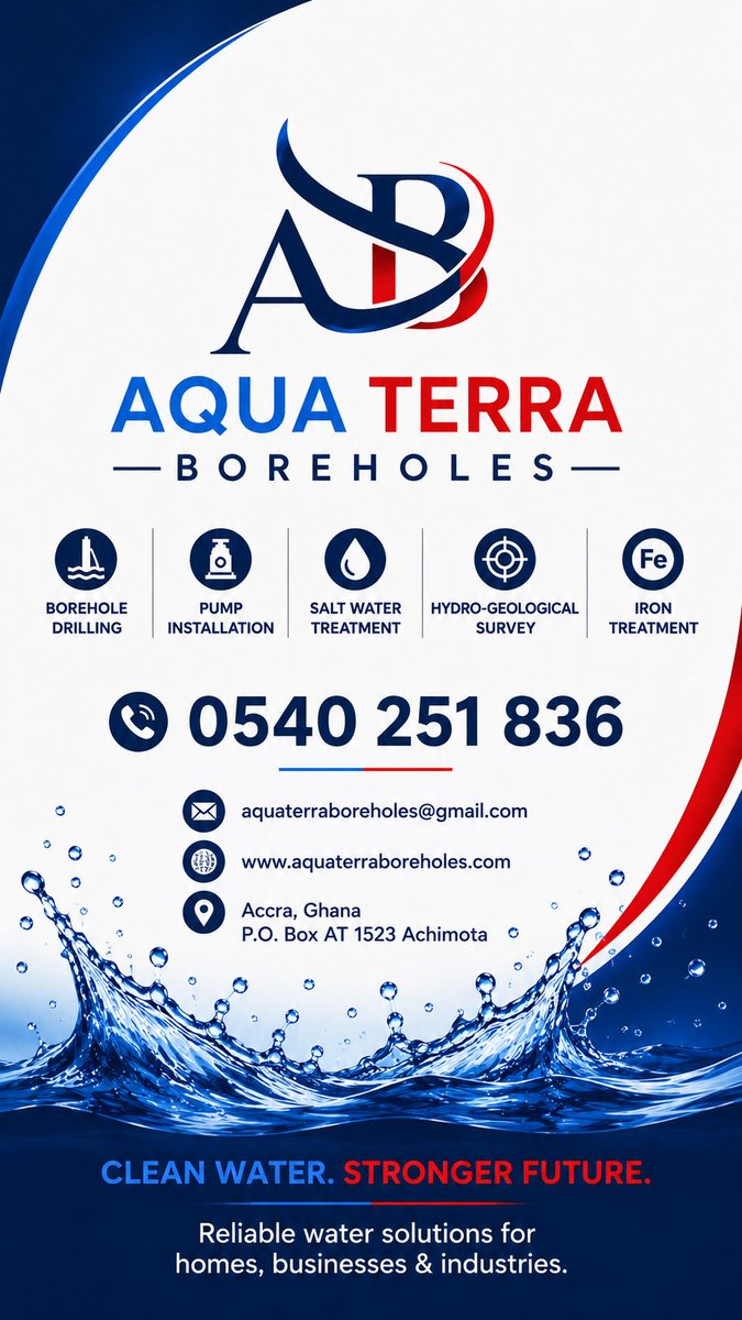 thechiefzaddy's tweet photo. Own a BOREHOLE today! 💧 Fast, Clean &amp; Reliable service across Ghana 🇬🇭
• Accurate Hydro-geological Survey
• Precision Borehole Drilling &amp; Pump Installation
• Effective Salt/Iron Water Treatment

Clean water starts here! Call/WhatsApp 0540251836 🚀 https://t.co/xnyHYKyvWl