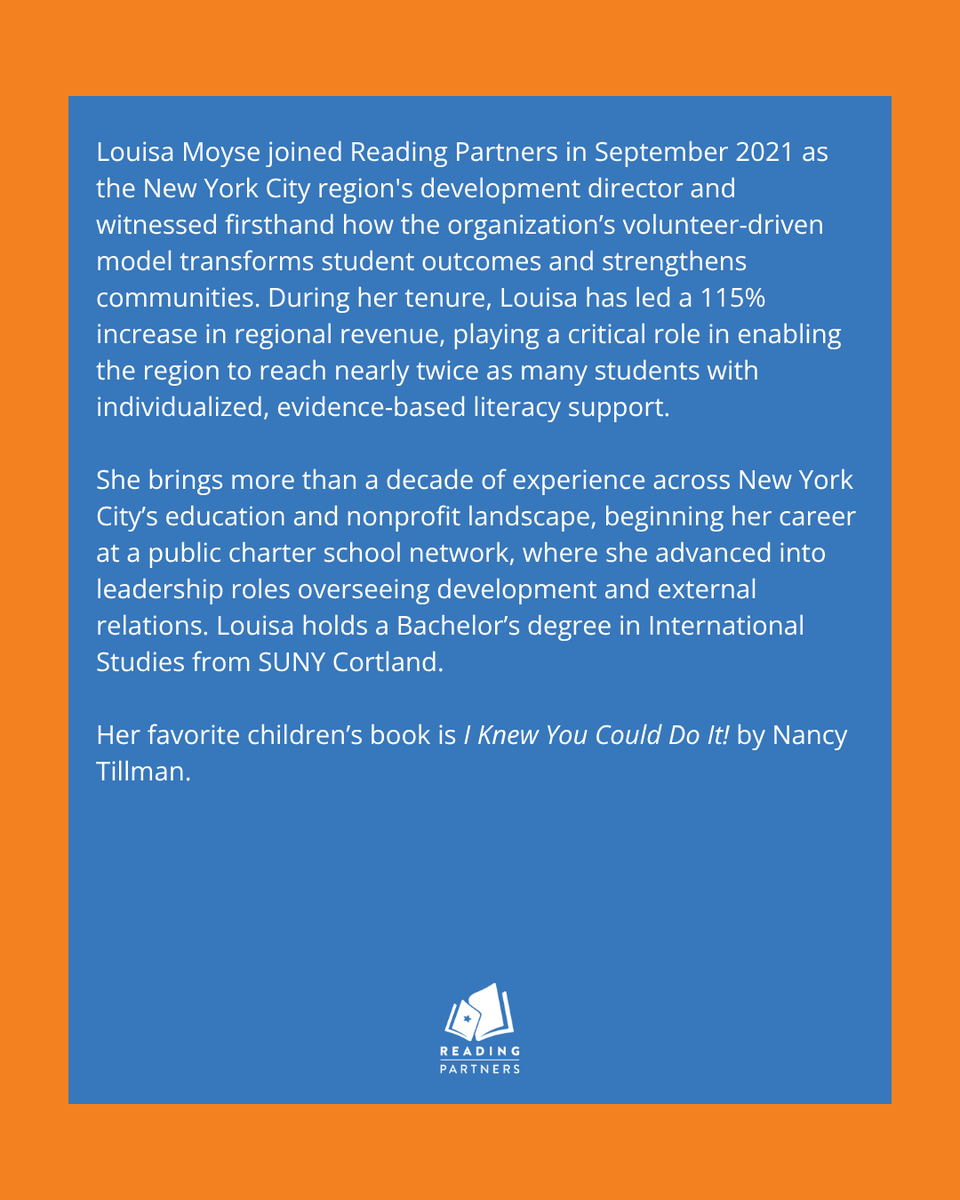 ReadingPartners's tweet photo. 📣 NYC, big news! Join us in welcoming Louisa Moyse as executive director of #ReadingPartnersNYC! 🎉🗽

Louisa is energized and ready to build on the region’s momentum. Let us keep expanding impact, deepening community partnerships, and reaching young readers across the city. 👏 https://t.co/sD4qm426qf