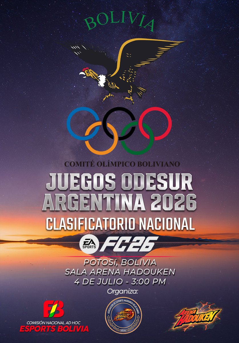 HDGTeam_'s tweet photo. COMUNICADO OFICIAL
𝗖𝗟𝗔𝗦𝗜𝗙𝗜𝗖𝗔𝗧𝗢𝗥𝗜𝗢 𝗡𝗔𝗖𝗜𝗢𝗡𝗔𝗟 𝗘𝗦𝗣𝗢𝗥𝗧𝗦 – 𝗘𝗔 𝗙𝗖𝟮𝟲
Rumbo a ODESUR Argentina 2026

La Comisión Nacional Ad Hoc Esports Bolivia (CNEB) y la Asociación de Esports Hadouken Dojo Gamer (AEHDG) se complacen en informar a la comunidad gamer boliviana que el torneo clasificatorio presencial cuenta con nueva fecha confirmada.

📅 Fecha: Sábado 4 de julio
🕒 Hora: 3:00 PM
📍 Sede: Arena Hadouken — Potosí, Bolivia
📺 Transmisión en:
https://t.co/4fUcoZyQvS

Ante la normalización de las condiciones de movilidad y seguridad en el país, estamos en posición de retomar el proceso clasificatorio con todas las garantías necesarias para nuestros jugadores.

A todos los jugadores inscritos: su registro sigue siendo válido. No es necesario realizar ningún trámite adicional. Nos vemos en Arena Hadouken.

La representación oficial de Bolivia en los Juegos ODESUR Argentina 2026 está más cerca que nunca. 🇧🇴

Consultas:
📲 WhatsApp: 70474208 – 79648559