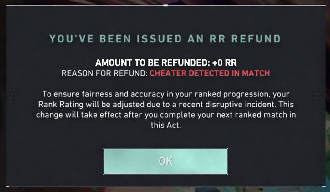 hk3vlr's tweet photo. BRO WHAT??? +0 RR REFUND AFTER A CHEATER??? 😭 💀@riotgames @realDonaldTrump @FBI @VALORANT @riotgames https://t.co/zt0wHLmZvY