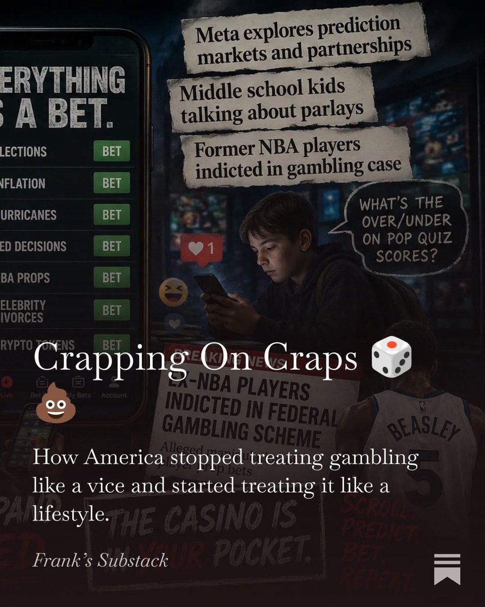frankyarriola's tweet photo. Americans wagered $165 BILLION on sports last year.
More than they reportedly spent on movies, books, concerts, and sports tickets...
Combined.
If that doesn't scream cultural shift, I don't know what does.
New Substack: Crapping On Craps 🎲 💩 
https://t.co/chNUmqWe6Q https://t.co/jDXs1TkpCh