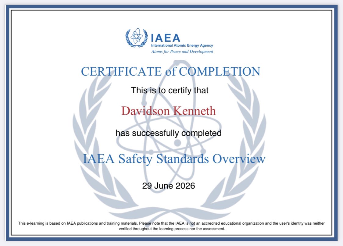 kdodforchrist's tweet photo. Thrilled to announce and showcase my completion of the IAEA SAFETY STANDARDS OVERVIEW Course by the International Atomic Energy Agency (IAEA) with my Certificate Below.
#IAEA #completion #course https://t.co/wHjwCYEi63