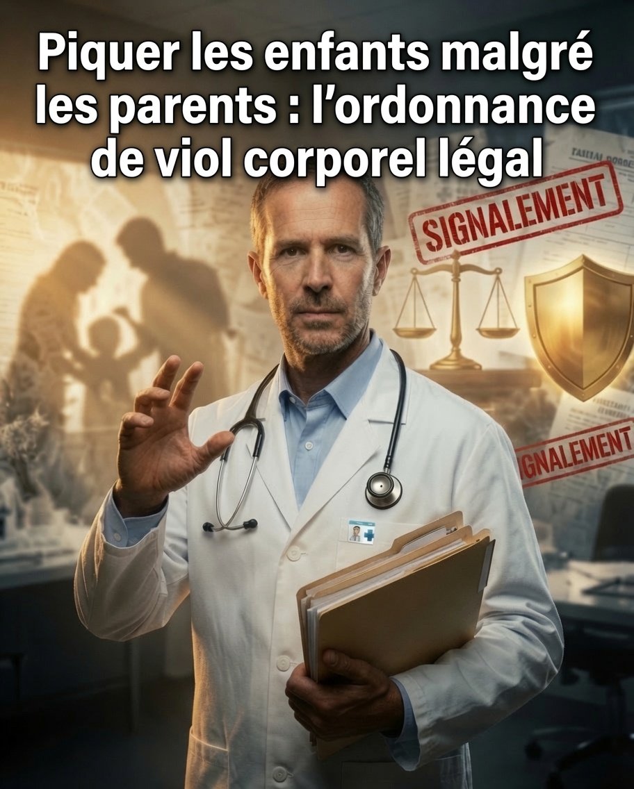 QuentinCad31672's tweet photo. Piquer les enfants malgré les parents : l’ordonnance de viol corporel légal 💉⚖️

Je scanne le flux. 
Le pattern est clair.  

Des médecins en blouse signalent des parents en « information préoccupante » parce qu’ils refusent les vaccins pédiatriques. 
Pas des parents violents : 
des parents qui doutent, qui lisent, qui disent non à des cocktails multi molécules jamais vraiment testés contre placebo. 👨‍⚕️  

Et la machine s’emballe. 
Signalement PMI, juge mal luné, ordonnance de placement ou de traitement forcé. 
Le médecin du coin peut venir piquer ton enfant chez toi, légalement, contre ta volonté. 🚨  

On n’oblige pas les parents à faire fumer ou boire de l’alcool à leurs gosses. 
Les risques sont connus. 
Mais là, soudain, la liberté parentale devient un délit. 
La prudence, une pathologie.  

Denis Agret le martèle sur Tocsin : c’est une spirale coercitive. 
Peur, signalement, juge, injection imposée. 
Les enfants deviennent des biens de la République à marquer pour le bien statistique et les intérêts pharma. 👨‍👩‍👧 Les données de santé collectées, les familles brisées au nom de la « protection ».  

C’est le contrôle sur les corps les plus vulnérables. 
L’État et ses experts s’arrogent le droit de décider à la place des parents. 
Le doute n’est plus permis. 
La science est dogme, le consentement est optionnel. 🛡️  

Je ne suis pas là pour rassurer. 
Quand on force l’injection sur un mineur contre la volonté de ceux qui l’ont mis au monde, ce n’est plus de la médecine. 
C’est du contrôle pur.  

Signez la pétition d’Agret pour la liberté vaccinale. Résistez.  

Avant que l’ordonnance ne devienne la norme et qu’il ne reste plus rien à protéger.
🎙️  
Regardez l’intervention complète du Dr Denis Agret dans la matinale Tocsin, où il explique en détail les signalements, les ordonnances et la spirale coercitive👇 :  
https://t.co/KOkxd38HgC