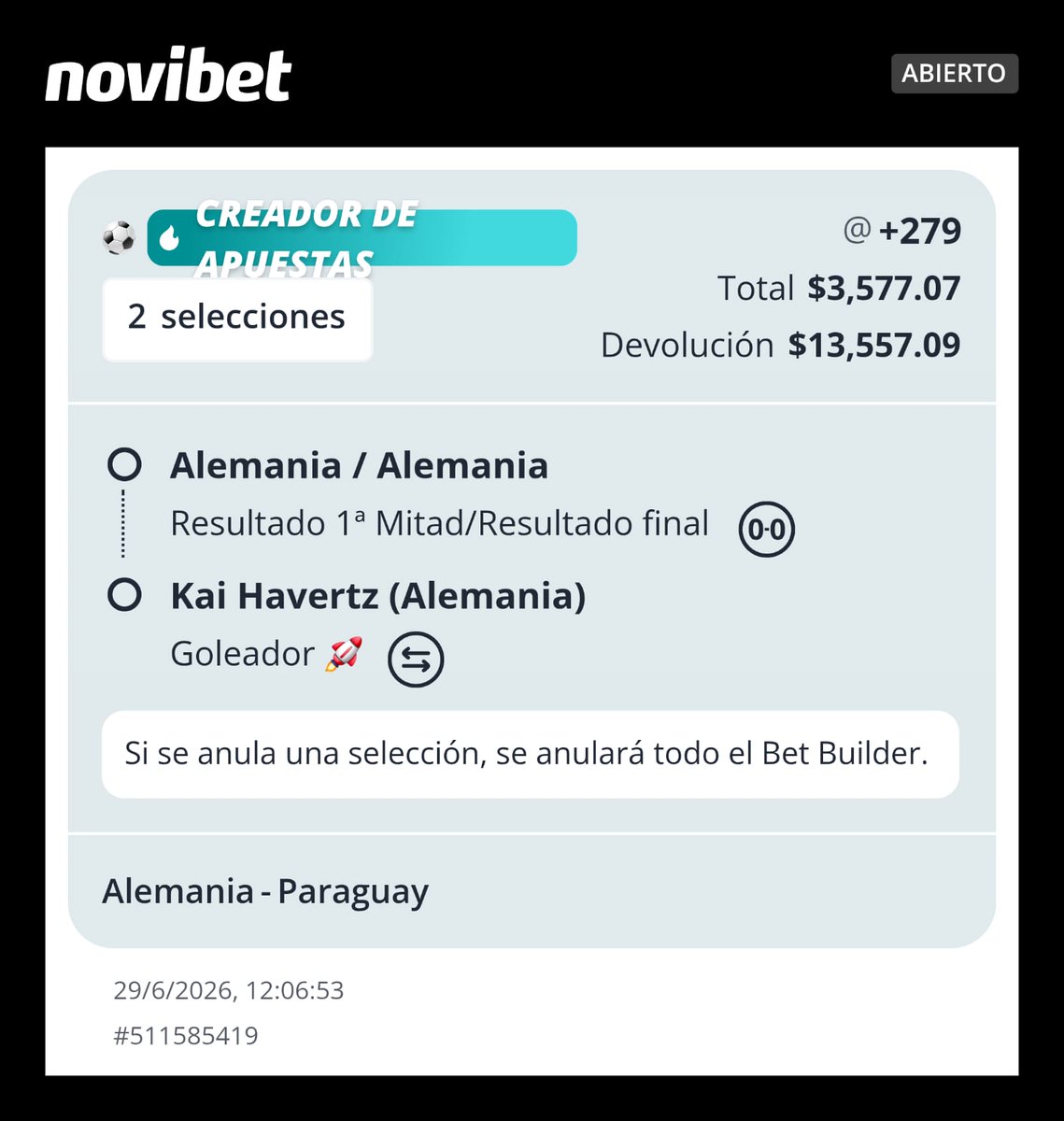 ElChaman_Picks's tweet photo. Me gusta demasiado este boost 💸🔥
No trae mucho equipo Paraguay y Alemania va a salir a demostrar 🔮
¿Quieres meterlo y no tienes cuenta en Novibet? 
Mándame mensaje 👊🤑 https://t.co/o44TCHFeSU