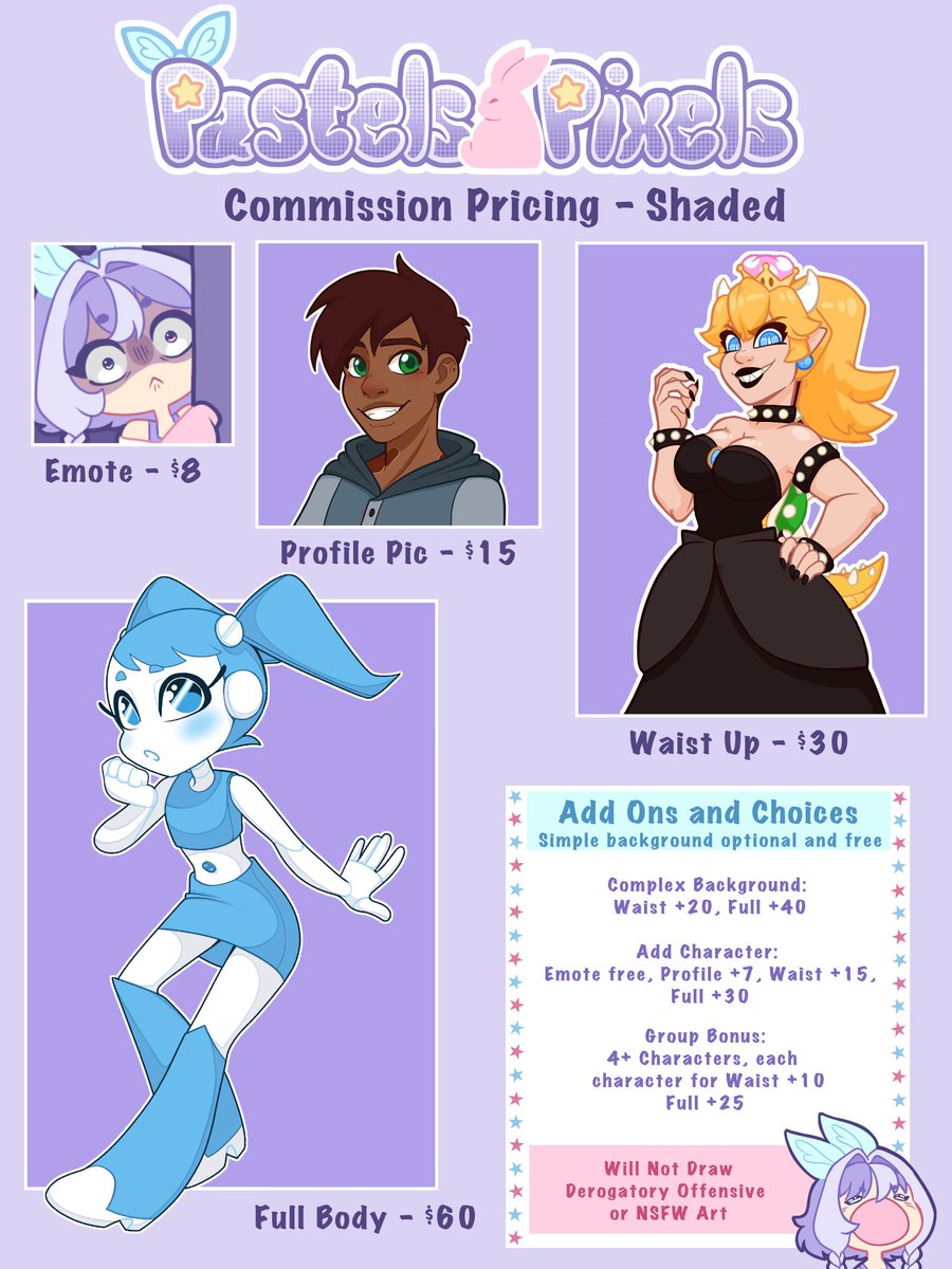 PastelsNPixels's tweet photo. It's taken me a bit of time to figure out pricing and examples, but here we are! Feel free to contact me here or at my Email! 🩵💜🩷 #commission #artists #price https://t.co/tkFNbr76j4