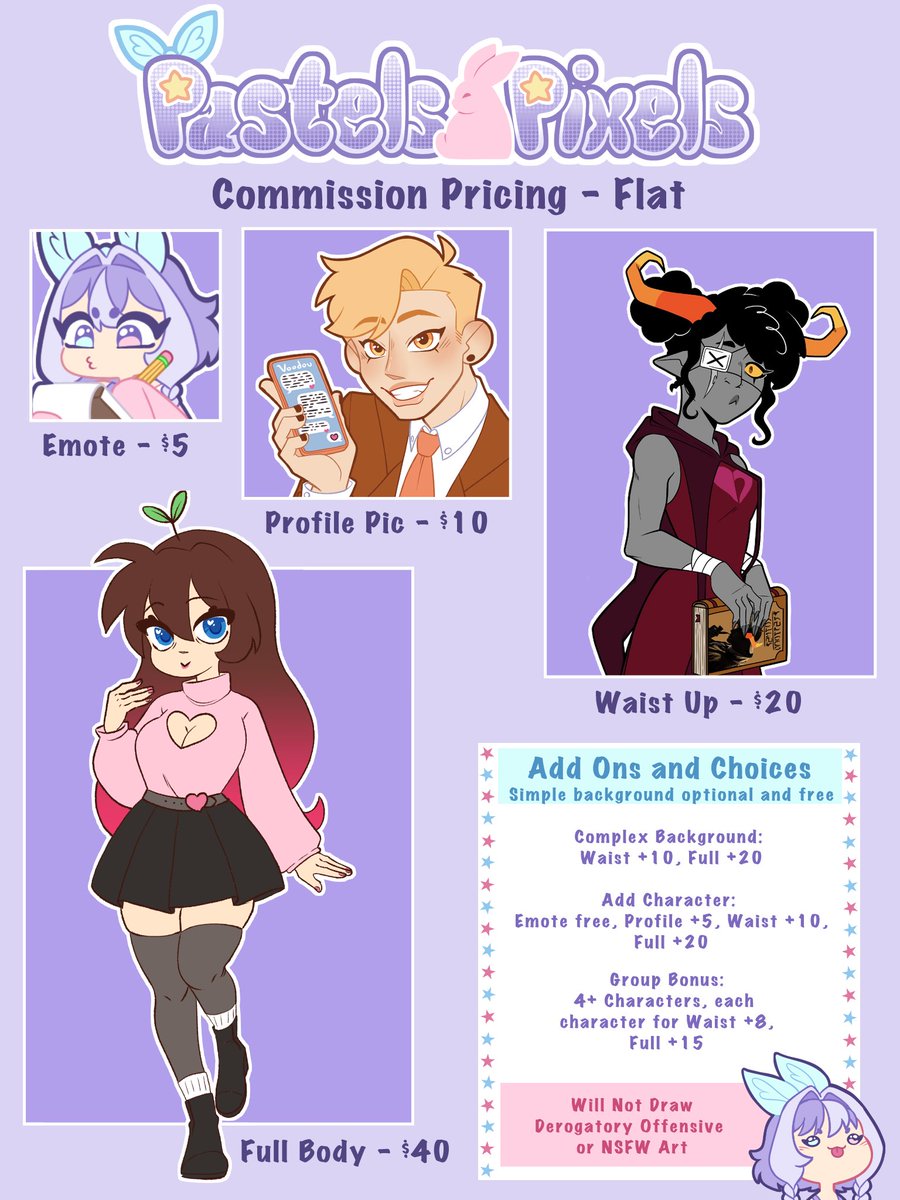 PastelsNPixels's tweet photo. It's taken me a bit of time to figure out pricing and examples, but here we are! Feel free to contact me here or at my Email! 🩵💜🩷 #commission #artists #price https://t.co/tkFNbr76j4