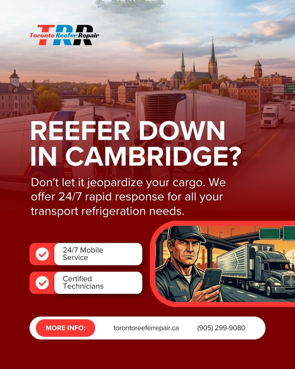 GTAReeferRepair's tweet photo. Stuck with a reefer breakdown in Cambridge? 🚛 We provide 24/7 rapid response to save your cargo. Call (905) 299-9080 or visit https://t.co/q1EdO7Xb1n for immediate help. #ReeferRepair #CambridgeTrucking #GTATrucking #ColdChain https://t.co/vCfumXL24x