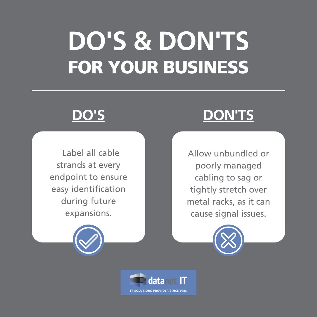 datanetIT's tweet photo. #Do's: Label all cable strands at every endpoint to ensure easy identification during future expansions.

#Don'ts: Allow unbundled or poorly managed cabling to sag or tightly stretch over metal racks, as it can cause signal issues. https://t.co/02DAH8ukAk