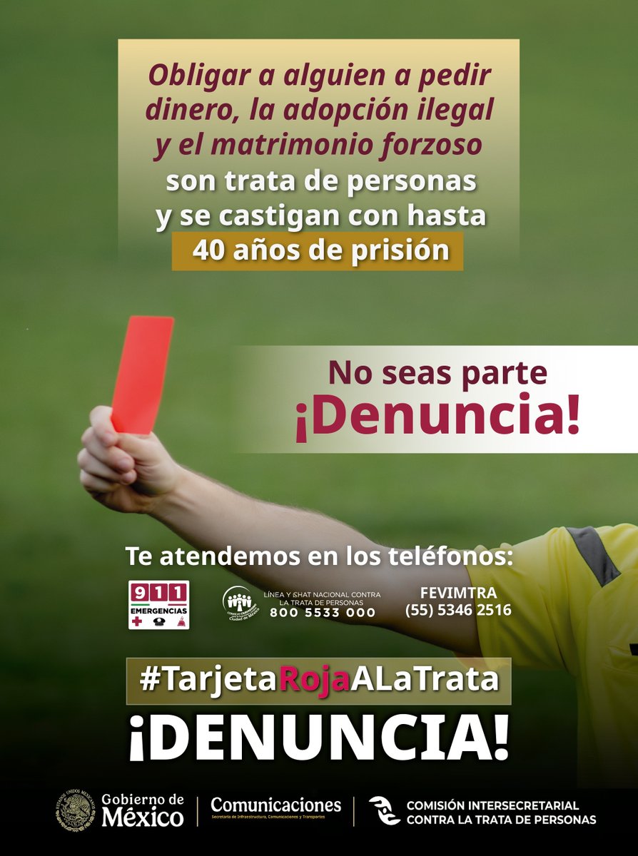 IMT_mx's tweet photo. 🟥 #TarjetaRojaALaTrata | ¡DENUNCIA! 🟥

📞 Emergencias: 911
📞 Línea y Chat Nacional contra la Trata de Personas: 800 5533 000
📞 FEVIMTRA: (55) 5346 2516
🚨 Ante cualquier sospecha, denuncia. Tu acción puede marcar la diferencia. https://t.co/PcdDUMeo6f