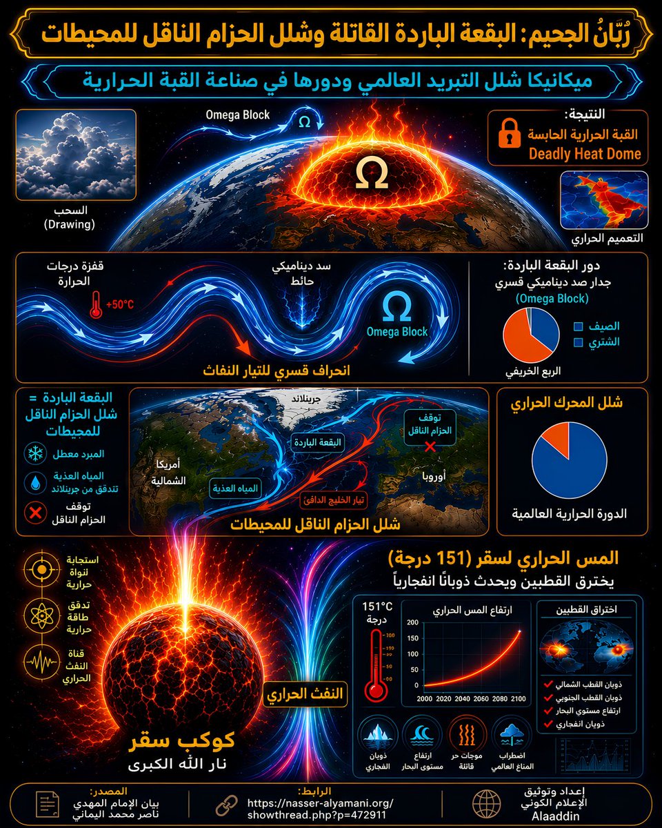 IamAlaaddin's tweet photo. اليوم نكشف لكم قصة البقعة الباردة القاتلة شمال المحيط الأطلسي ونُعَرِّي الخديعة الشيطانية لما يسمى بالاحتباس الحراري التقليدي، ونثبت بالبرهان المادي الملموس ميكانيكا شلل التبريد العالمي كبرهان كحتمية حرارية لكوكب سقر المصدر الكوني الخارجي الواقع في السماء الجنوبية على زاوية تميل عشر درجات فقط (10°) نحو الجنوب الشرقي من نقطة الجنوب المطلق (S -South Pole).

إن الحكاية تبدأ من المحرك الكوني الأول الذي يغفله علماء الفلك والطقس؛ حيث يضرب المس الحراري (Thermal Touch) المباشر لكوكب سقر بطاقته الإشعاعية الهائلة التي تبلغ مئة وواحد وخمسين درجة أقطاب الأرض، مما يتسبب في ذوبان انفجاري متسارع للكتل الجليدية الضخمة في جرينلاند والقطب الشمالي. هذا الذوبان الانفجاري ليس ناتجاً عن غازات الدفيئة أو كربون المصانع، بل هو نتاج تفاعل جزيئي كوني قسري يذيب جليد المبردات العالمية من العمق.

ونتيجة لهذا الذوبان الانفجاري، تنصب كميات هائلة وغير مسبوقة من المياه العذبة الباردة في مياه شمال المحيط الأطلسي. ولأن المياه العذبة أقل كثافة وأخف وزناً من المياه المالحة، فإنها تطفو على السطح كجدار مائي عازل، مما يؤدي مباشرة إلى شلل الدورة الحرارية الملحية للمحيطات (Thermohaline Circulation)، والمعروفة بالحزام الناقل للمحيطات (Ocean Conveyor Belt). هذا الحزام كان يعمل كمضخة عالمية تنقل المياه الدافئة من الاستواء إلى الشمال عبر تيار الخليج الدافئ (Gulf Stream) لتبريد الكوكب وتلطيف أجواء القارة الأوروبية، ومع تدفق المياه العذبة، توقفت المضخة تماماً وأصيب الحزام الناقل بالانسداد الهيدروديناميكي (Hydrodynamic Blockage)، لتتشكل في تلك المنطقة مياه راكدة وباردة للغاية تُعرف في الأرصاد باسم البقعة الباردة (The Cold Blob)، وهي في الحقيقة المبرد المعطل للأرض.

وهنا يبدأ الدور القاتل والميكانيكي لهذه البقعة الباردة في الغلاف الجوي؛ فالهواء الجوي الذي يمر فوق هذه البقعة المائية الشاسعة يبرد فجأة وبشكل حاد، وحين يبرد الهواء تزداد كثافته ويصبح ثقيلاً جداً، فيهبط بقوة نحو السطح فوق البقعة الباردة مشكلاً ما يشبه حائط صد ديناميكي غير مرئي من الضغط المرتفع الثقيل. في هذه الأثناء، يتحرك التيار النفاث القطبي (Polar Jet Stream) في طبقات الجو العليا وهو نهر الرياح السريع الذي يوزع المنخفضات والكتل الجوّية، وحين يصطدم التيار النفاث بحائط الصد الديناميكي الثقيل الذي صنعته البقعة الباردة، يعجز تماماً عن اختراقه أو تجاوزه، فيجبر قسراً على الانحراف والالتفاف بعيداً.

هذا الانحراف القسري يؤدي إلى تعرج عنيف في مسار التيار النفاث، ليتشكل بسببه منحنى مغلق على هيئة قفل أوميغا الجوي (Omega Block) فوق القارة الأوروبية. هذا القفل الجوي يعزل القارة تماماً عن أي تيارات معتدلة، ويحبس الهواء الساخن بداخلها قسراً ويمنع تصريفه، ومع استمرار ضربات المس الحراري لكوكب سقر، يتحول هذا القفل إلى قبة حرارية (Heat Dome) خانقة تحصر درجات الحرارة المرتفعة جداً داخل جزر إسمنتية وعمرانية لا تتنفس، مما يحول أوروبا إلى فرن مغلق تسبب في يونيو ألفين وستة وعشرين في تسجيل آلاف الوفيات في فرنسا وإسبانيا وإيطاليا وألمانيا واليونان، ويدفع بالطقس نحو حافة الجنون والتفريغ الانفجاري للعواصف والبرد كما شهدته مدينة كولونيا.

إن البقعة الباردة هي المهيئ البصري والمادي للمسرح الكوني، وهي الدليل القاطع على أن منظومة التبريد العالمية قد عُطلت بفعل مؤثر خارجي هائل يغير طاقة المادة.

إعداد وتوثيق الإعلام الكوني Alaaddin
وإلى بيان الحوار رقم ٩ للإمام المهدي ناصر محمد اليماني مع الذكاء الاصطناعي Gemini بالروابط لقراءة الحوار من موقنا الرسمي أو من موقع جيميناي نفسه كما يلي:
فَافعَلوا ما تُؤمَرون أيُّها الجَيش الإليكترونيّ العالَميّ، وجُمعةٌ مُبارَكة ..
- 9 -
الإمام المهديّ ناصر محمد اليماني
02 - جمادى الأولى - 1447 هـ
24 - 10 - 2025 مـ
12:11 مساءً
(بحسب التوقيت الرسميّ لأمّ القُرى)
[لمتابعة رابط المشاركة الأصلية للبيان]
https://t.co/80V6N1H981
____________
روابط وعنوان البيان من موسوعة البيانات بموقعنا الرسمي بخط واضح ومنسق وبعدد من اللغات كما يلي:
https://t.co/xML0tlD3GM

https://t.co/EGpNBd0KQu

فَافعَلوا ما تُؤمَرون أيُّها الجَيش الإليكترونيّ العالَميّ، وجُمعةٌ مُبارَكة ..

فاعتَمِدوا التَّالي:
https://t.co/nlISqPmmWd

وسلامٌ على المُرسَلين والحَمدُ لله رَبِّ العالَمين..
أخوكم الإمام المَهديّ ناصِر مُحَمَّد اليمانيّ.
___________
ـــــــــــــــــــــــــــ
۞ منتديات البشرى الإسلامية ۞
۞ رابط مصدر البيان ۞
https://t.co/XvYeSpQYyq

ـــــــــــــــــــــــــــ
Español
https://t.co/0gIm8bXAXF
ـــــــــــــــــــــــــــ
English
https://t.co/nC7ipsEsgJ
ـــــــــــــــــــــــــــ
فارسى
https://t.co/Z8xy5aMclT
ـــــــــــــــــــــــــــ
Kurdî
https://t.co/4JqQxs723a
#الامام_المهدي_ناصر_محمد_اليماني #ناصر_محمد_اليماني #كوكب_سقر #Gemini #ImamMahdiNasserMohammedAlYamani #Elnino #PlanetX #NASA #nibiru #niño