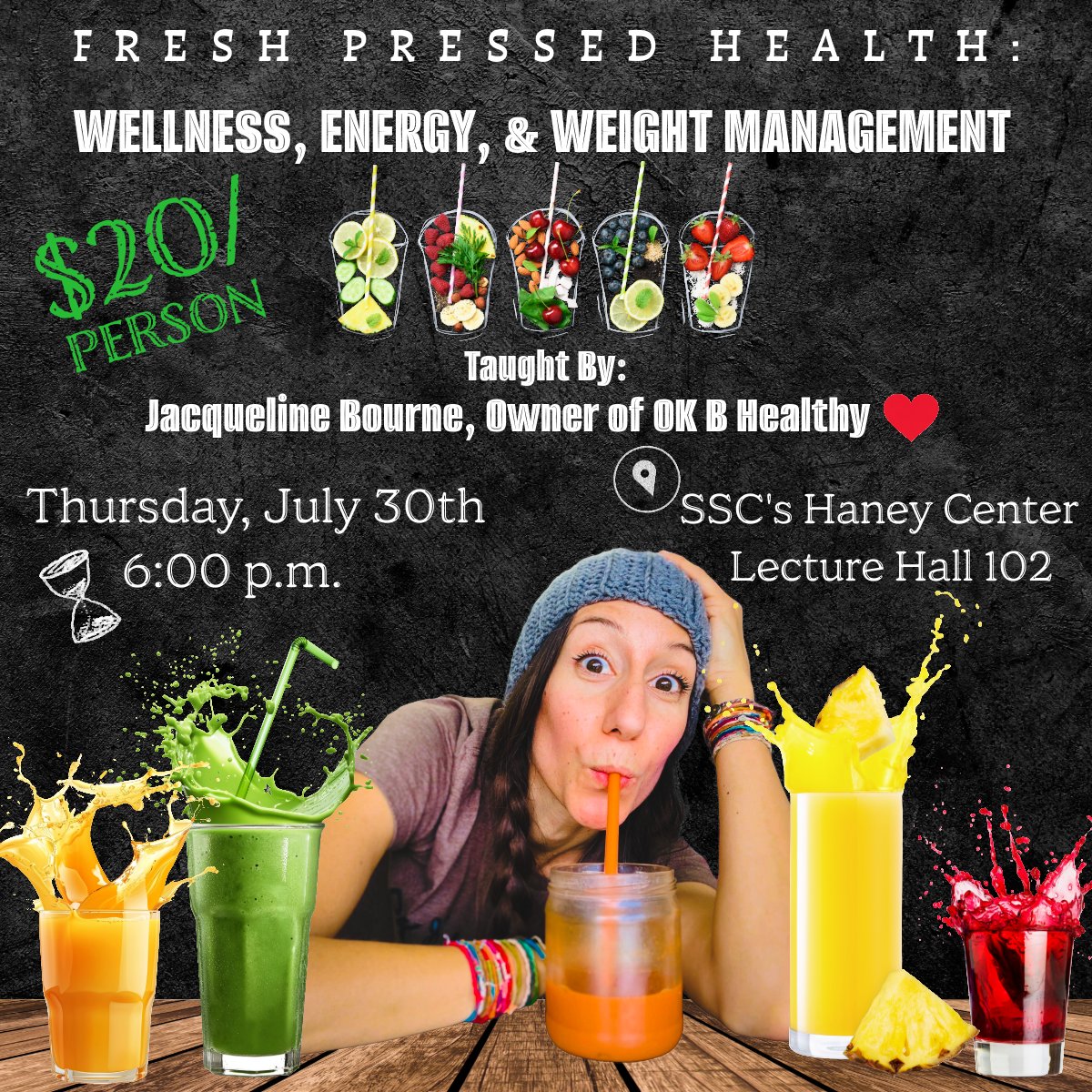 Seminole_State's tweet photo. Fresh Pressed Health will be held Thursday, July 30, at 6 p.m. Taught by Jacqueline Bourne, owner of OK B Healthy, the class includes juice samples, take-home recipes and juicing tips. 

Cost is $20 per person. RSVP: https://t.co/x5h9L8jnSp https://t.co/1byQ0c3isC