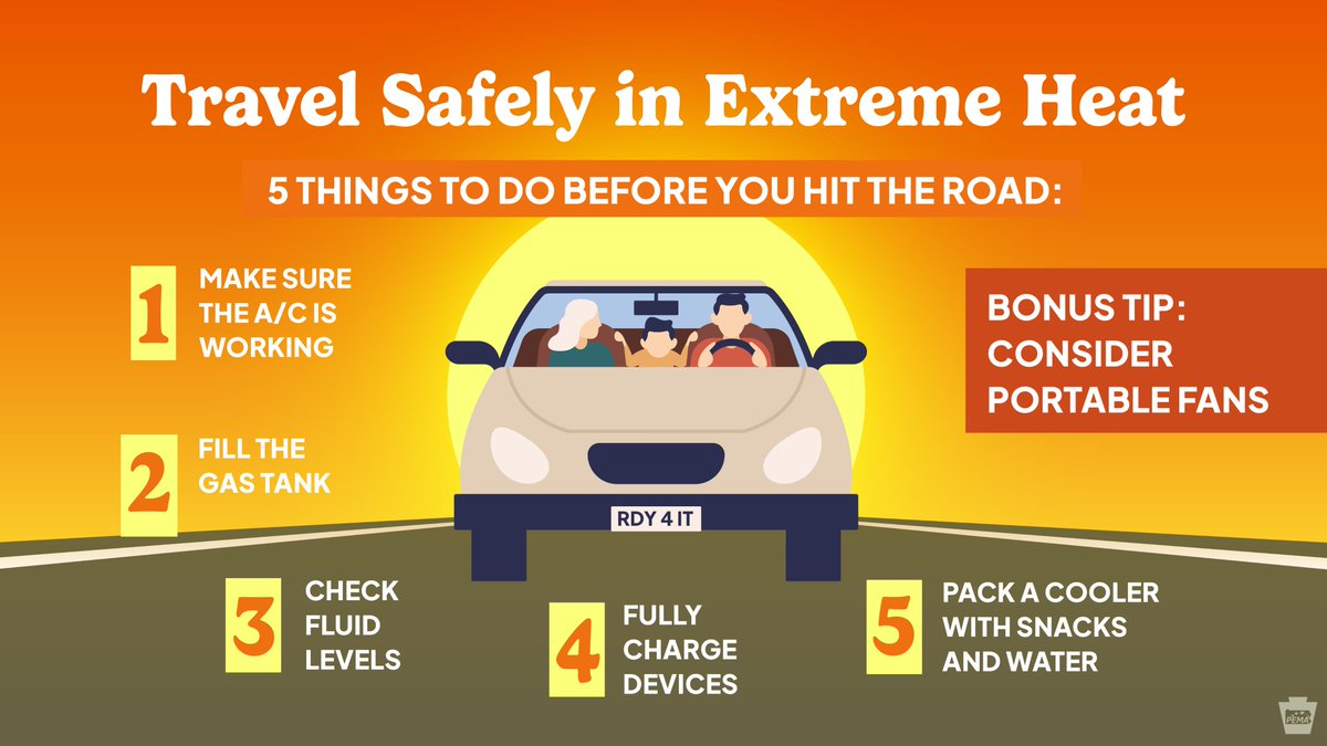 PEMAHQ's tweet photo. It's heating up, and lots of people are traveling for the holiday. Be prepared for unexpected delays, and make sure your car is a comfortable and safe place to spend some time. 🔥🥵  #HeatWave https://t.co/QLQwppbHTQ