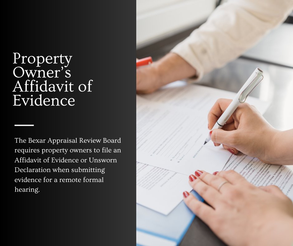 BexarDistrict's tweet photo. Property owners appearing at a remote Bexar ARB hearing are required to submit a notarized affidavit of evidence or an unsworn declaration at least 48 hours before your scheduled phone or Zoom hearing by mail or  at https://t.co/y6ZMjhq351. https://t.co/kFB0fLJS6u