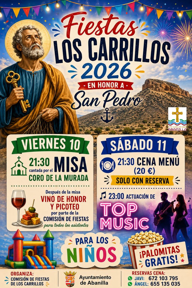 AbanillaAyto's tweet photo. 🎉 ¡Fiestas de Los Carrillos 2026! 🎉

Los próximos 10 y 11 de julio comienzas las Fiestas de Los Carrillos 2026 en honor a San Pedro
.
📞 Reservas de la cena:
Javi: 672 103 795
Ángel: 655 135 035

¡Os esperamos en Los Carrillos! 🎊🎆 https://t.co/vEWAb7wVur