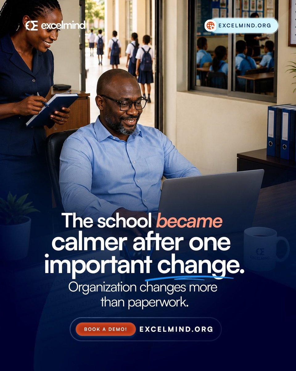 joinexcelmind's tweet photo. The school became calmer after one important change.

Not because the teachers worked harder.
Not because the students changed.

The school became more organized.

When attendance, grading, reports, communication, and administration run smoothly, everyone feels the difference.

Less stress.
Better visibility.
More time for what matters.

Organization changes more than paperwork.

Book a demo at https://t.co/1TeBYDOW6l.