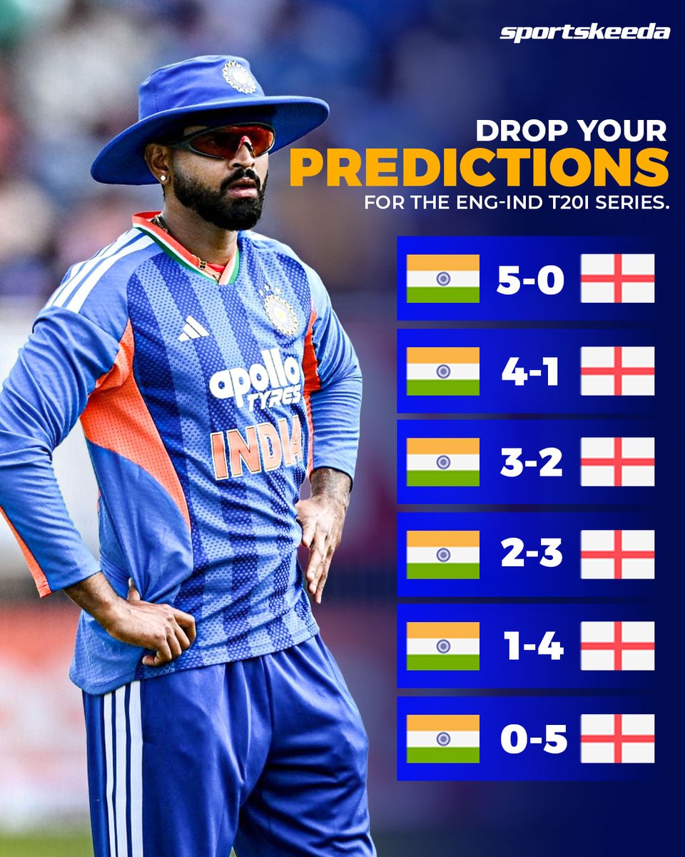 Sportskeeda's tweet photo. After India's shocking T20I series defeat to Ireland, the Men in Blue will now take on England in a five-match T20I series starting tomorrow! 🇮🇳🏏

Drop your expectations and predictions for the series below! 👇

#ENGvIND #T20Is #ShreyasIyer #Sportskeeda https://t.co/bTI1fKyoRR