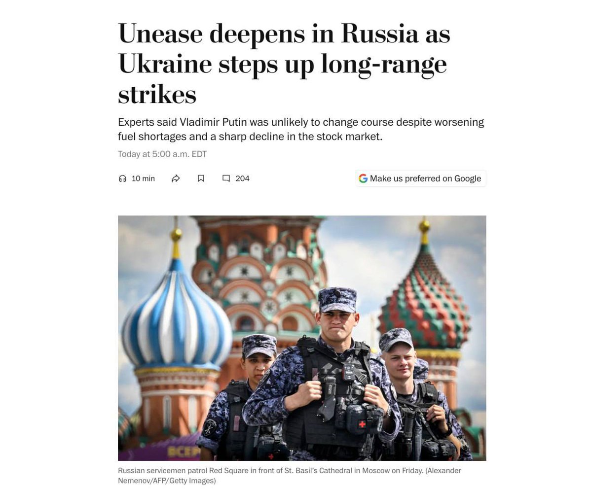 Maks_NAFO_FELLA's tweet photo. ❗️❗️There is no good end in sight: Putin's entourage is concerned about Ukraine's attacks on key Russian defense industry enterprises, — WP. 

In a letter to Putin, Rosneft CEO Igor Sechin calls the scale of damage to Russian refineries "unprecedented." 

The Russian government has traditionally tried to downplay the scale of the problems, although business is increasingly concerned about rising military spending, high interest rates, rising fuel prices, and rumors of the state's possible access to public deposits. Despite this, the publication's interlocutors believe that Putin is unlikely to change his course.

Meanwhile, questions are increasingly being raised in Moscow about why the Russian military did not foresee the rapid development of Ukrainian unmanned technologies and did not prepare an effective countermeasure.