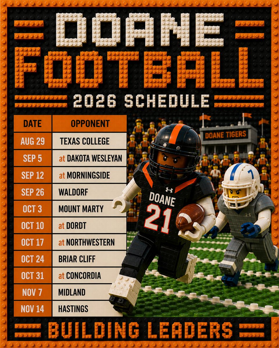 DoaneAthletics's tweet photo. We are officially two months from the 2026 #DoaneFB season opener! @DoaneFootball will start the season at home against Texas College under the lights and end the season at home in the 125th meeting vs. Hastings, Nebraska's longest running football rivalry! https://t.co/feF8HsPTAf