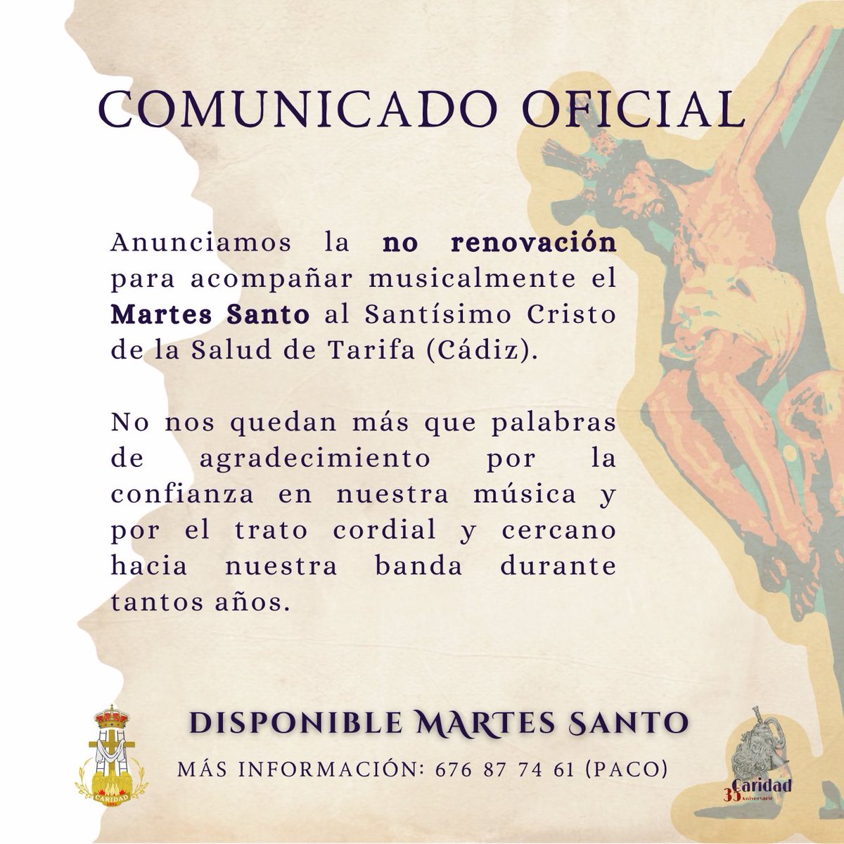 bandaCaridad's tweet photo. 🎼COMUNICADO OFICIAL - MARTES SANTO
#Caridad2027
#SomosCaridad
#SuenaCaridad
#Parati
#fyp https://t.co/9dUCCUs9QQ