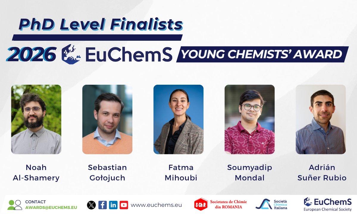 EuChemS's tweet photo. EuChemS is delighted to present the PhD Level Finalists of the EuChemS Young Chemists’ Award 2026. 
They will present their work during the ECC10, taking place in Antwerp, Belgium, on 12–16 July 2026.
#EYCA #ECC10 #Chemistry #YoungChemists #EYCN #Research #ChemicalSciences https://t.co/wKYs7fzFSu
