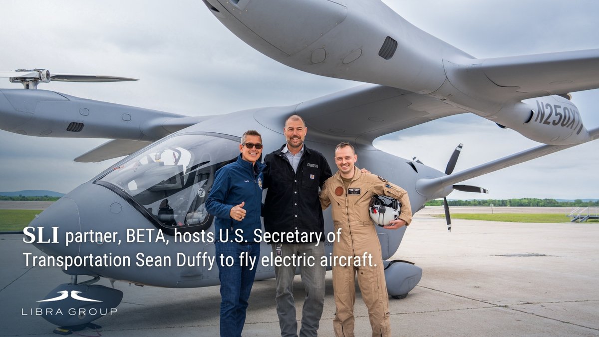 thelibragroup's tweet photo. Proud to share news from @BETA_aircraft, a key partner of #aerospace subsidiary, SLI: last month, U.S. Transportation @SecDuffy became the first U.S. Transportation Secretary to fly in an electric vertical take-off and landing aircraft (#eVTOL). More: https://t.co/kVlS9DtVm2 https://t.co/Ot6Wiz1mhz