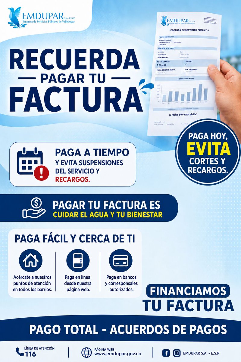 EmduparESP's tweet photo. ¡Estar al día con tu factura es contribuir al bienestar de todos!
Evita suspensiones, recargos y aprovecha las diferentes opciones de pago que EMDUPAR tiene para ti. Estamos más cerca de tu comunidad con “EMDUPAR va a tu barrio”.
Paga a tiempo y disfruta de un servicio continuo! https://t.co/pNFW4R8IVY