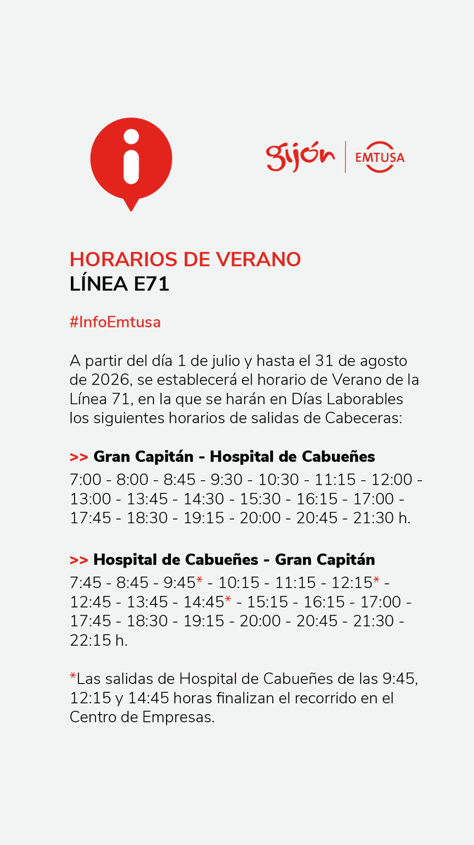 GijonBus's tweet photo. #infoEMTUSA #L71
📌HORARIO VERANO
A partir del día 1 de julio y hasta el 31 de agosto de 2026, se establecerá el horario de Verano en la Línea 71.
Aviso web
https://t.co/kSiDk4qrW9
#EMTUSAconecta https://t.co/Lkcv5cbtmP
