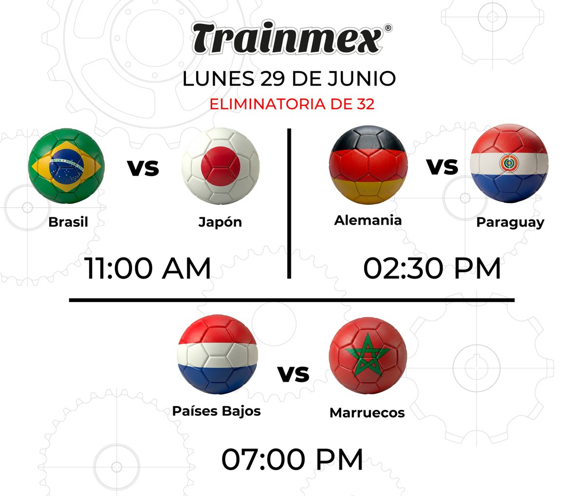 TrainmexMX's tweet photo. ⚙️⚽️  En Trainmex sabemos que el éxito en la industria y en la cancha requiere de máxima precisión.

Hoy se juegan partidos clave: 🇧🇷 vs 🇯🇵 (11:00) 🇩🇪 vs 🇵🇾 (14:30) 🇳🇱 vs 🇲🇦 (19:00)
¿Tus pronósticos?👇
#Trainmex #Mundial2026 https://t.co/3T3UsNNMTK