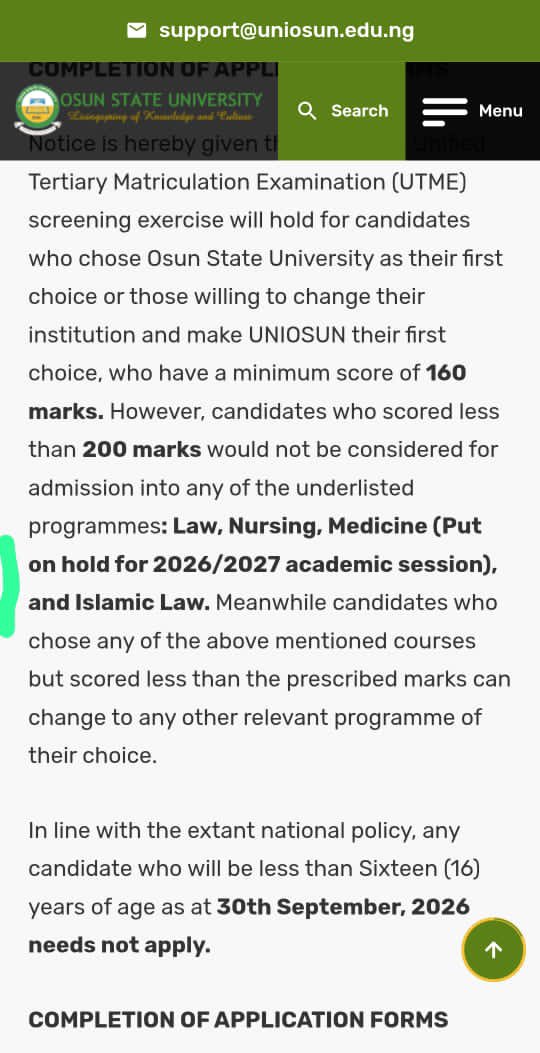 DrSpirit01's tweet photo. 🚨 IMPORTANT NOTICE FOR ALL UNIOSUN MBBS ASPIRANTS

If you selected Osun State University (UNIOSUN) as your first-choice institution to study Medicine (MBBS) for the 2026/2027 academic session, please pay close attention.

UNIOSUN will not admit new MBBS students for the 2026/2027 academic session due to carrying-capacity regulations following the College of Medicine's full accreditation by the Medical and Dental Council of Nigeria (MDCN).

This means aspiring MBBS students should urgently consider changing their course or transferring to another university if they still intend to study Medicine this session.

This isn't bad news for the College of Medicine, it reflects the need to maintain training standards and accreditation while expanding capacity.

Please repost. Someone's admission could depend on seeing this today.