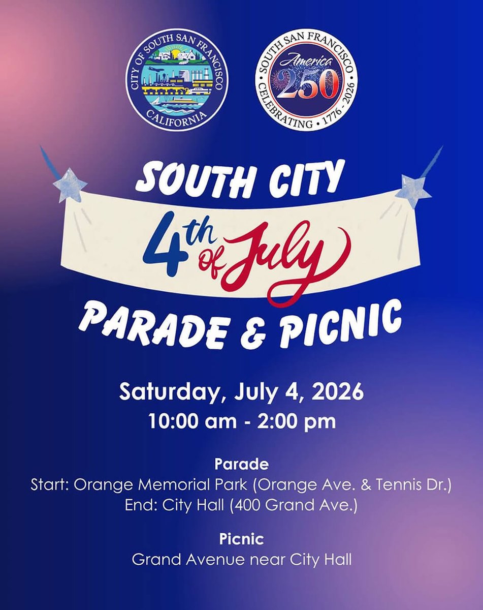 EventsInCali's tweet photo. https://t.co/cuVgpAlPYv

Celebrate America 250th Birthday, Orange Memorial Park, South San Francisco, CA | Jul 4, 2026

#CelebrateAmerica250thBirthday #OrangeMemorialPark #SanFrancisco #SanMateo #SouthSanFrancisco #CarShows #ChildrenandFamily #Festivals #FoodDrink #Music #Party https://t.co/jhqITMD7HS