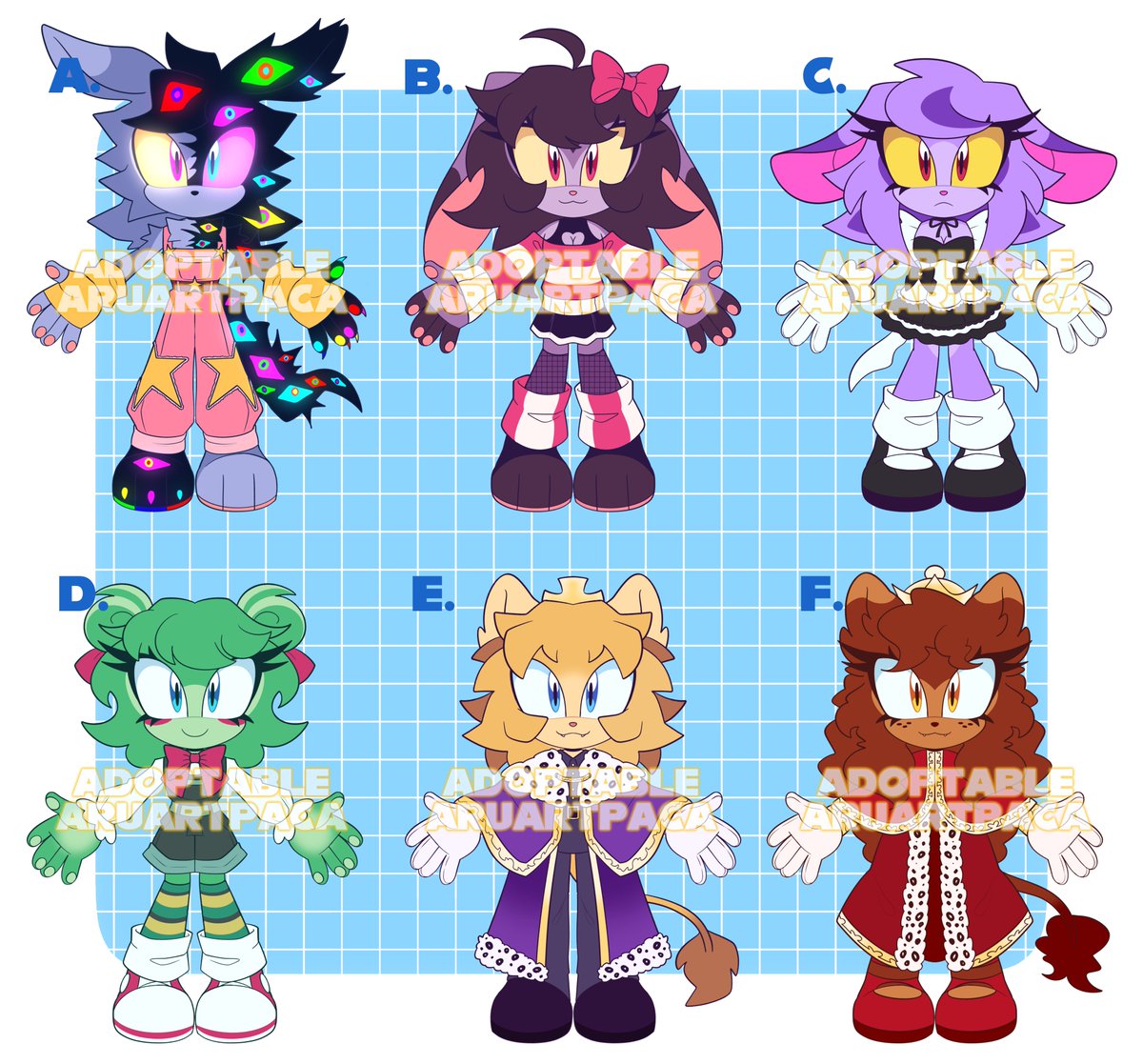 aruartpaca's tweet photo. DIGITAL MOBIANS ADOPTABLE BATCH
CBC adoptables, TADC inspired adopts!

35EUR each

A. Abstracted Bunny
B. Ribbon Bunny
C. Maid Bunny
D. Bowtie Frog
E. King Lion
F. Queen Lioness

DM/comment to claim or get them immediately on Ko-fi: https://t.co/o9cmWMFKVU

#sonicoc #adoptopen https://t.co/VyEncR2LAc