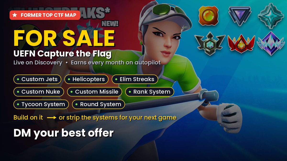 Sorikfn's tweet photo. 🚩SELLING Capture the Flag map

- Former top CTF map, back on Discovery, still earns every month doing nothing
- Custom jets, helis, elim streaks, nuke, missile, rank + tycoon systems
- Build on it, or strip it for parts on your next game. DM your best offer

Code: 4619-1213-4127 https://t.co/Er93B3dWok