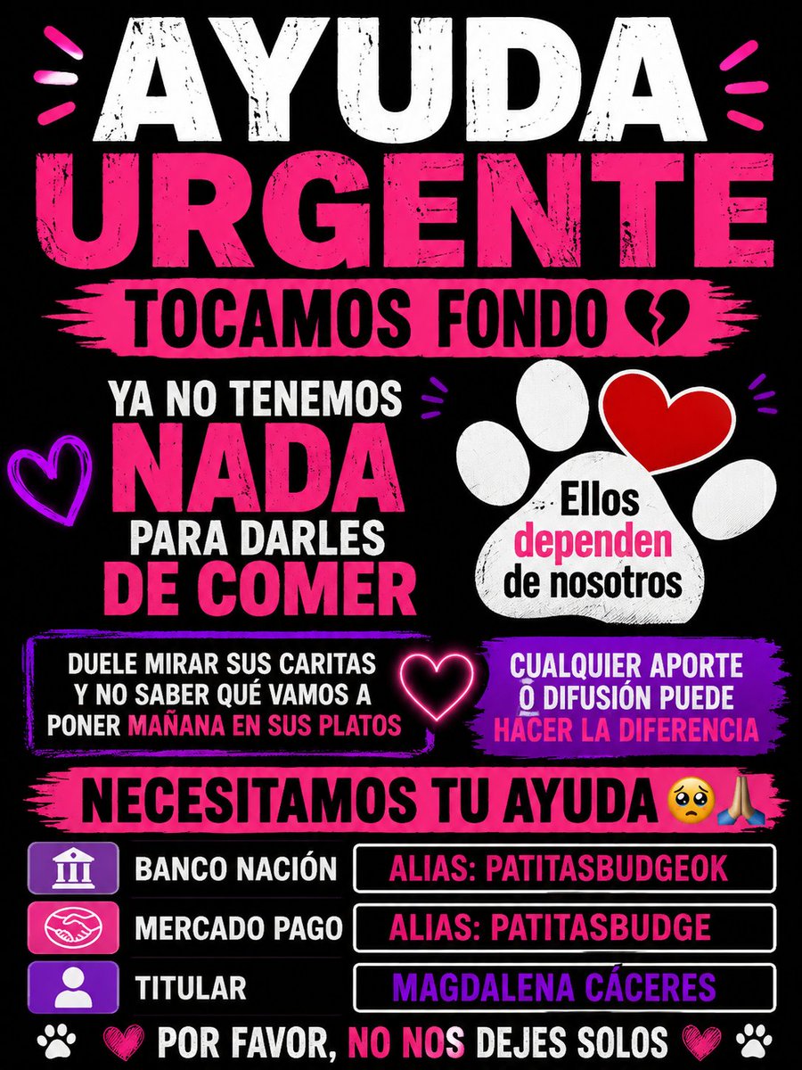patitas_budgeok's tweet photo. ⚠️ ESTAMOS SIN ALIMENTOS. Es muy difícil mirarlos sabiendo que no tenemos nada para darles de comer. Cada día se suman nuevas pancitas y necesitamos ayuda para que no pasen hambre. 🙏🐾

MP: PATITASBUDGE
Banco Nación: PATITASBUDGEOK
Titular: Magdalena Cáceres https://t.co/iYImDjKUUG