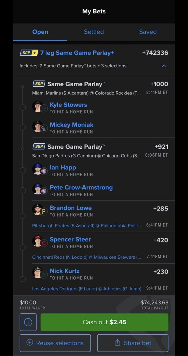 FcSlips's tweet photo. If this 7-leg HR parlay cashes…
we’re talking generational wealth off $10 😭🔥⚾️
@Playbook https://t.co/mofGJLv6uf