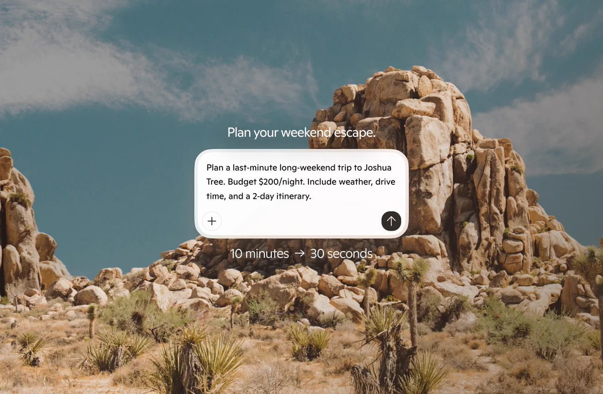 A Joshua Tree desert scene with rocky formations and Joshua trees under a clear sky. Center text box reads: “Plan your weekend escape” with a prompt about planning a last‑minute Joshua Tree trip.