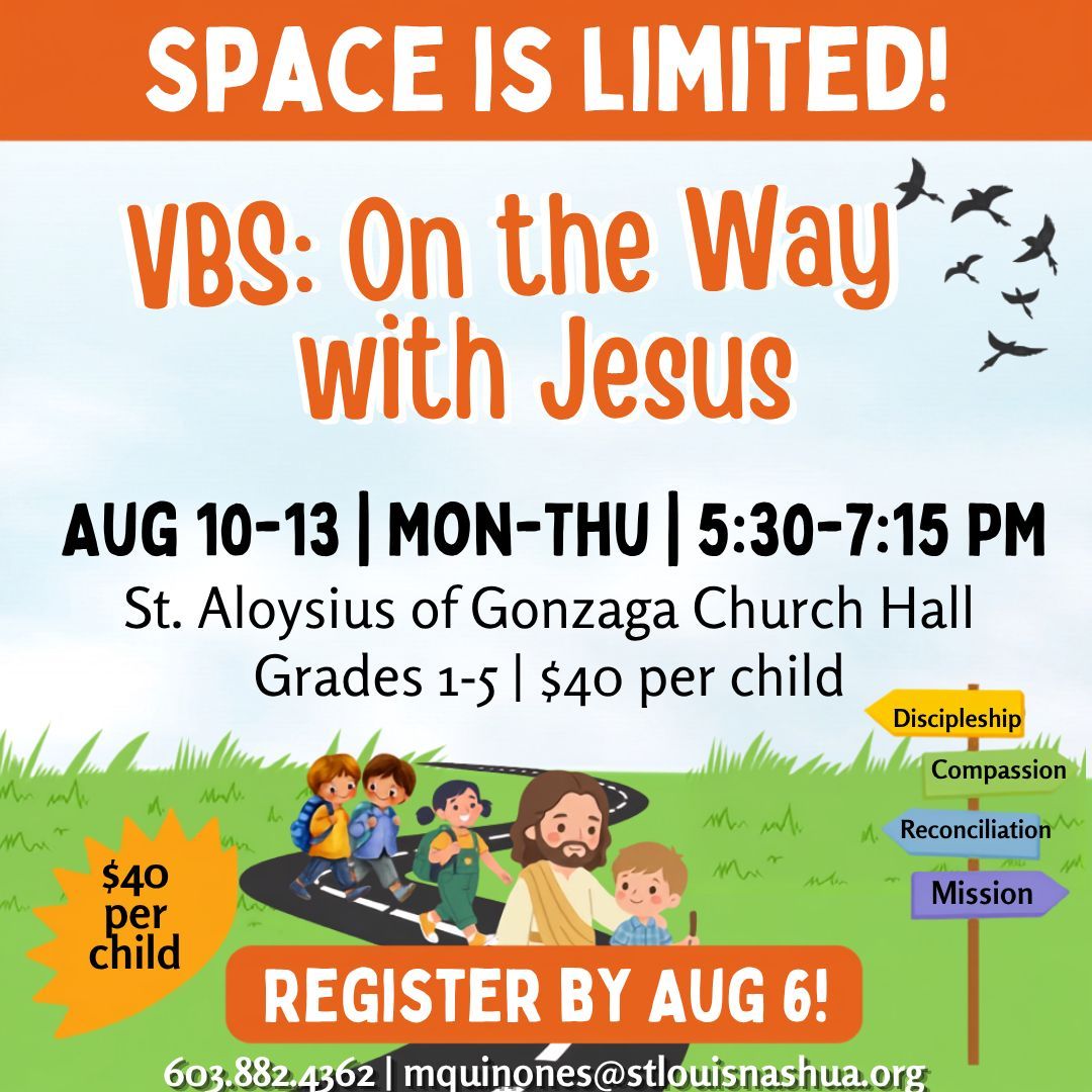 StAloysius2's tweet photo. Vacation Bible School: On the Way with Jesus

Join us for an exciting week of faith, fun, games, music, crafts, and friendship as we journey On the Way with Jesus!

📅 Open to children entering Grades 1–5
⚠️ Space is limited!

Stop by the rectory office to register your child. https://t.co/XPDDX5gW58