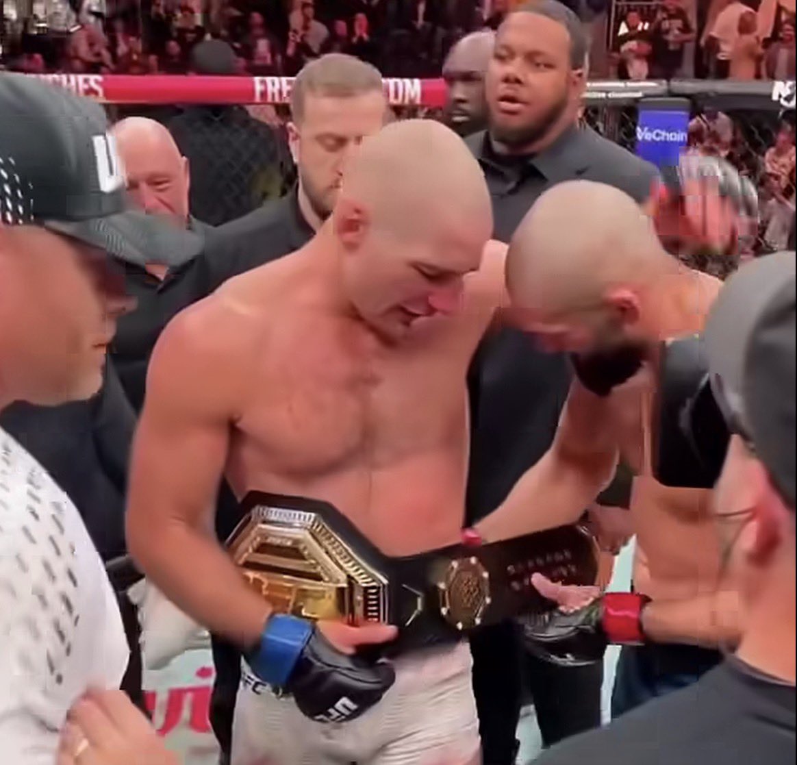 ChampRDS's tweet photo. Khamzat Chimaev explains why he wrapped the belt around Sean Strickland:

“Because I want him to clean my belt 😂” https://t.co/d04jyW0CdF