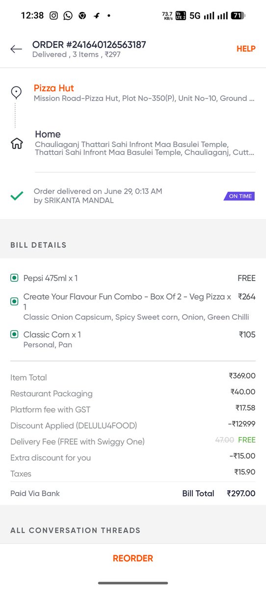 Srsahu2k2's tweet photo. Terrible service by @Swiggy @SwiggyCares! Delivery partner SRIKANTA MANDAL stole my food (Order ID #241640126563187), blocked my number &amp; lied. Support is delaying my ₹297 refund on my birthday.Complained to National Consumer Helpline(Grievance: 9616406).Shame! @jagograhakjago https://t.co/T9RvVTCtnq