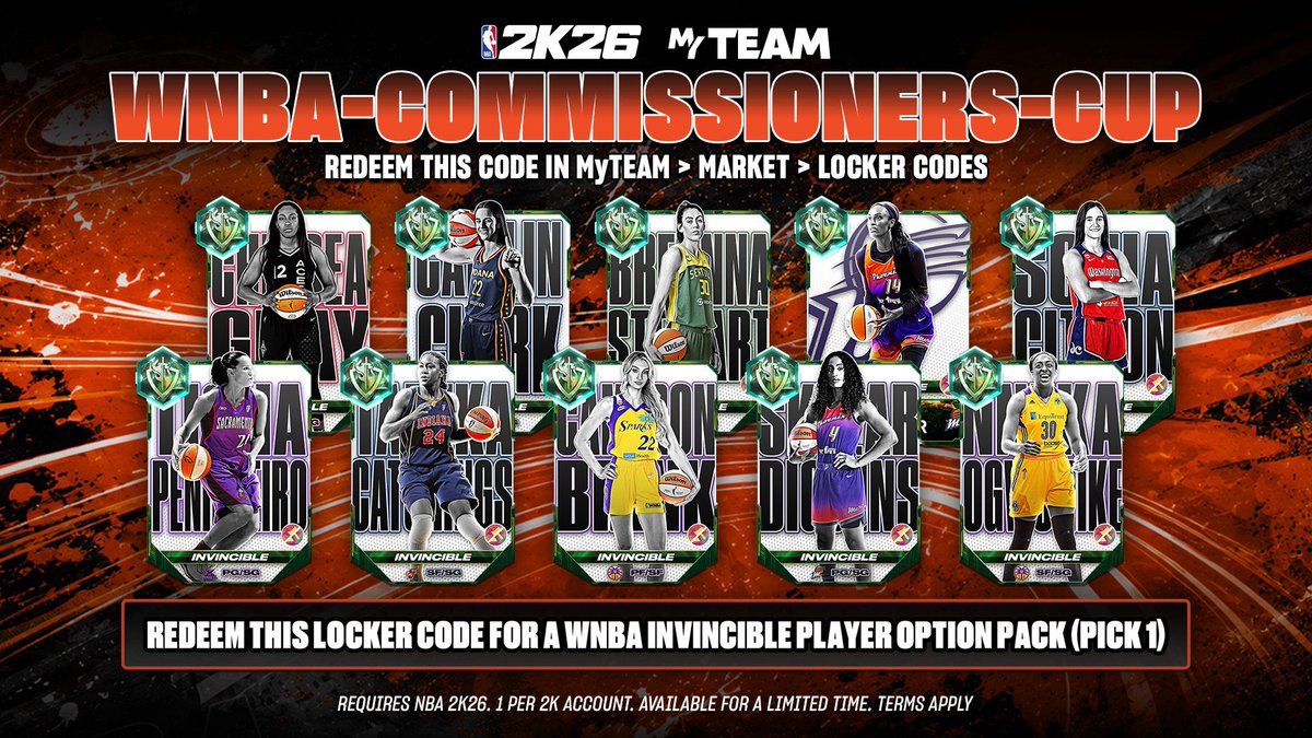 UncisFifty's tweet photo. Redeem code: WNBA-COMMISSIONERS-CUP
Unlock a WNBA Invincible Player Option Pack and pick an elite squad upgrade! https://t.co/tMBkJGLpE2