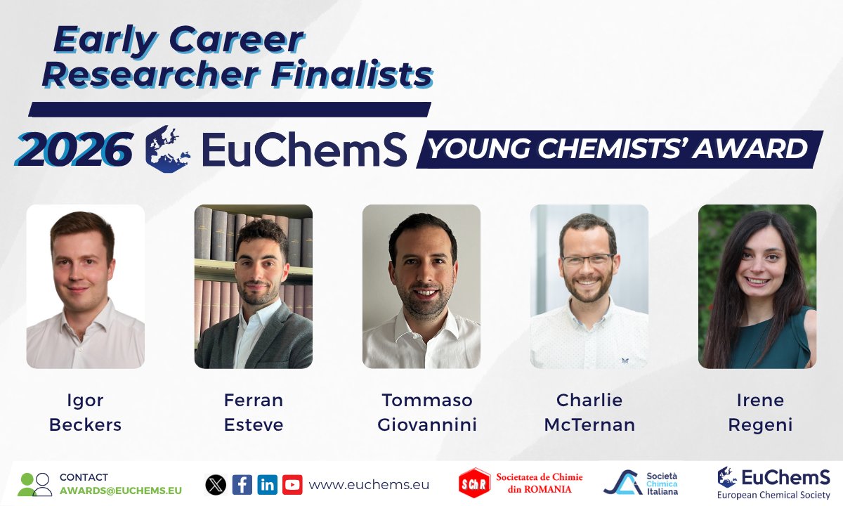 EuChemS's tweet photo. Meet the Early Career Researcher Finalists of the EuChemS Young Chemists’ Award 2026!
The Finalists will take part in the EYCA Competition Session during the ECC10, in Antwerp, Belgium, from 12–16 July 2026.
#EYCA #ECC10 #YoungChemists #Research #EarlyCareerResearchers https://t.co/9pAOzaG2ZX