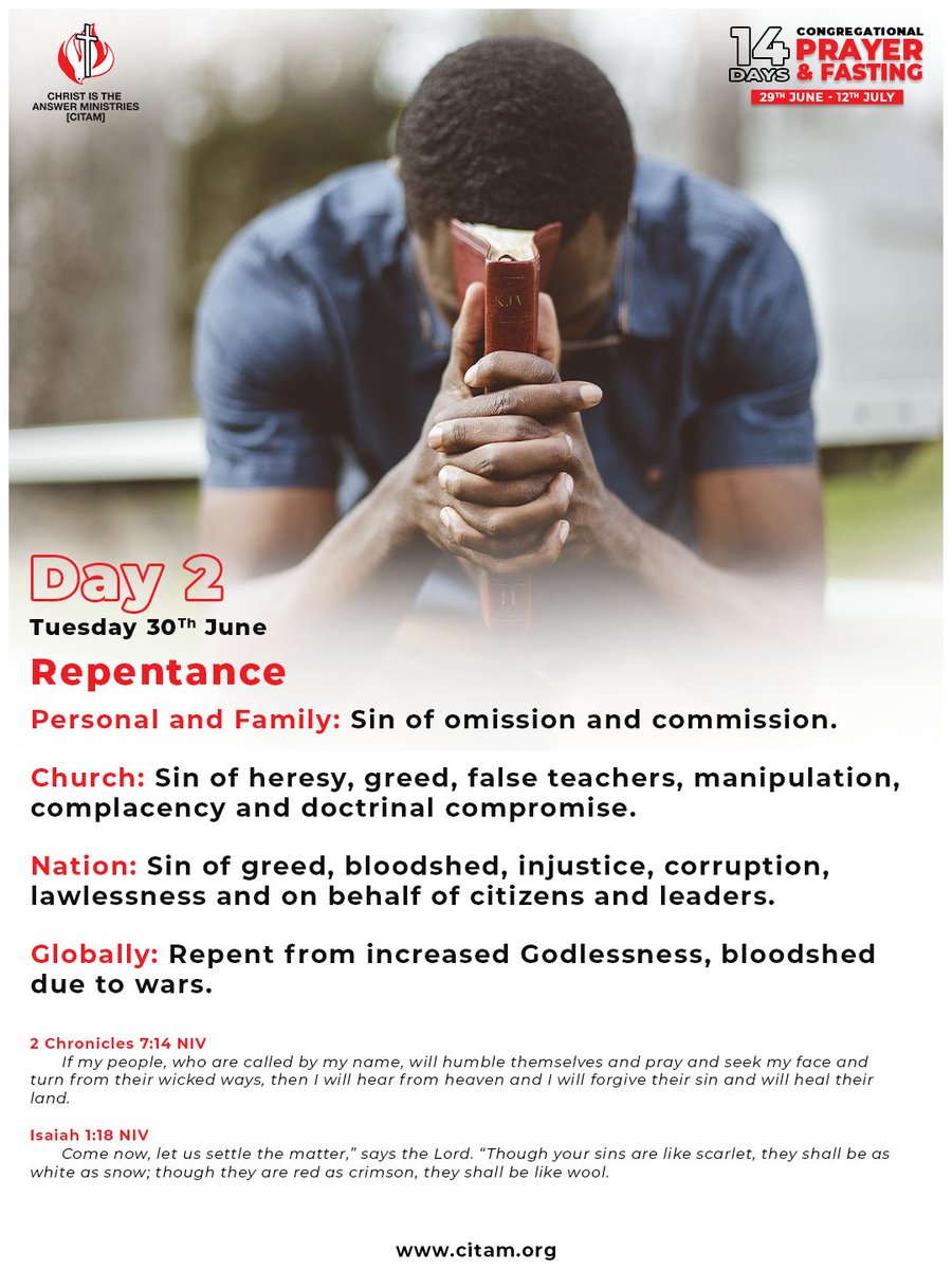 CitamVrdKE's tweet photo. Here are the prayer points for Day 2 of the 14 days of Congregational Prayer and Fasting.

Almighty God, we humble ourselves before you today, and ask that You blot out our transgressions and cleanse us from our sins.

#14daysofprayerandfasting  #IsAnythingTooHardForTheLord https://t.co/wmc914ptP7