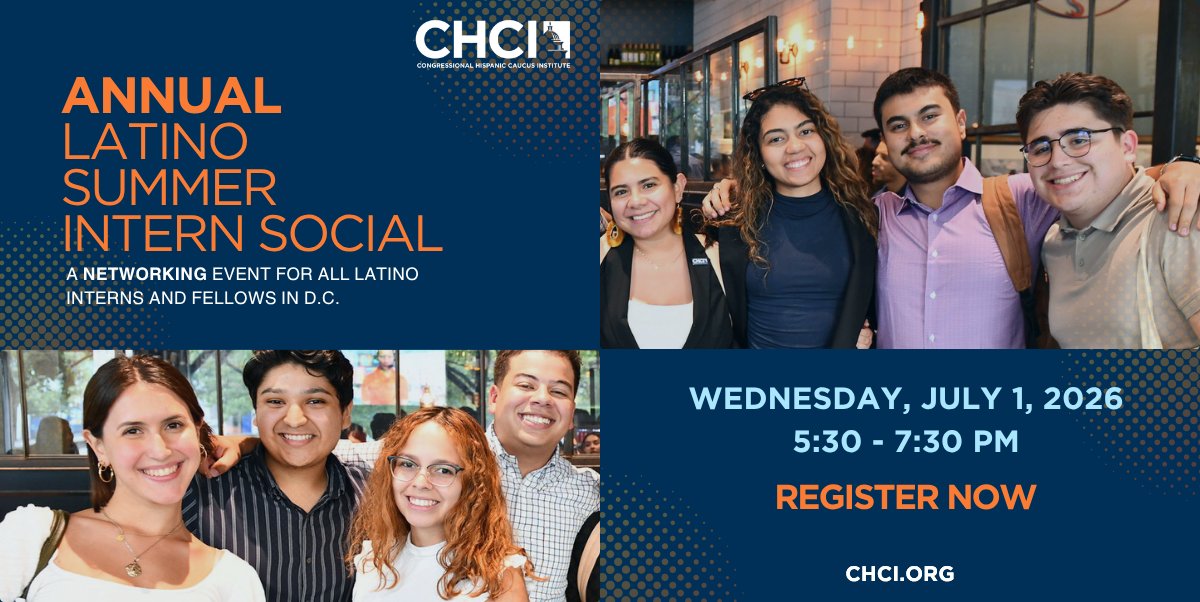 NALEO's tweet photo. Calling all Latino interns and fellows in DC! We are proud to partner with @CHCI for the 2026 #LatinoSummerInternSocial on July 1 from 5:30 to 7:30 PM! 🏛️ 👨🏾‍💻 👩🏾‍💻

Meet your peers, build professional connections, and celebrate the power of community.

🔗 https://t.co/KcYDOyj3BZ https://t.co/4QNt40FcnH
