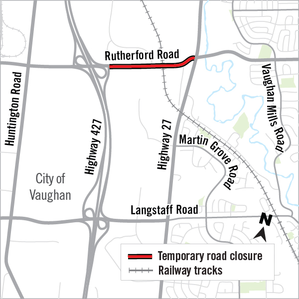 YorkRegionGovt's tweet photo. 🚧Upcoming road closure: Rutherford Road between the Highway 427 northbound exit ramp and Highway 27 @City_of_Vaughan will be temporarily closed July 10 at 9:30 a.m. to July 14 at 7 p.m. for railway crossing work, led by @CPKCrail. Info: https://t.co/VmpT6CZPGE #onYRRoads https://t.co/tuxN46cMgo