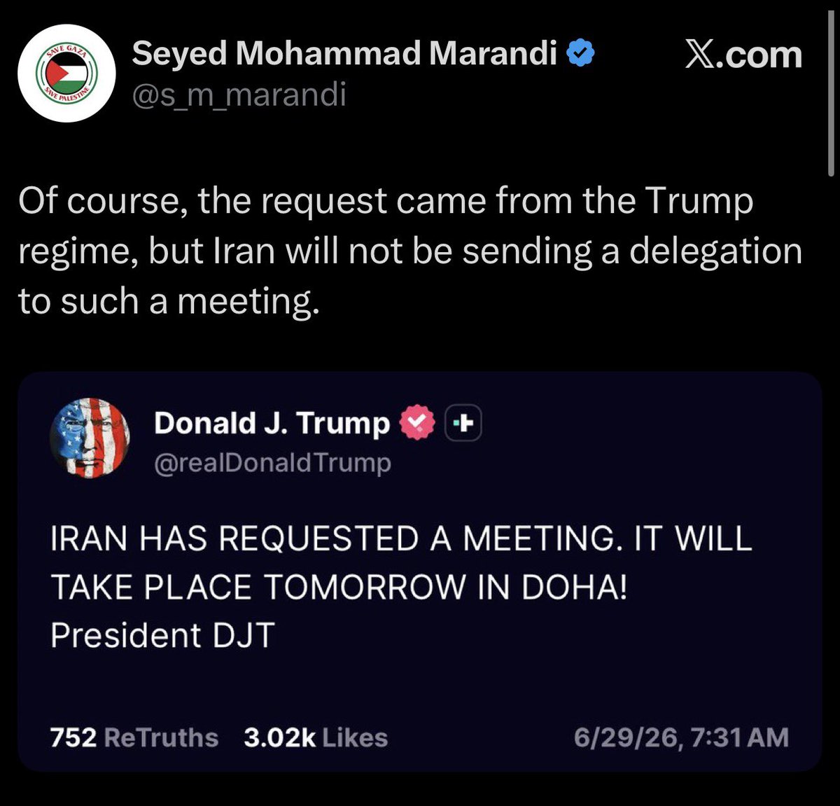 JewishWarrior13's tweet photo. 🚨The Iranians keep mocking Trump, Marandi, a senior advisor to Iran's negotiation team: “Of course, the request came from the Trump regime, but Iran will not be sending a delegation to such a meeting.” https://t.co/Uj8CAdyyqz