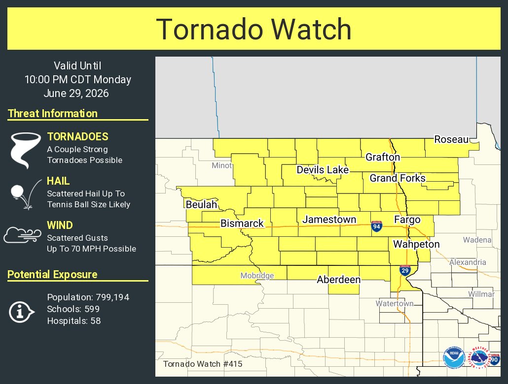 NWStornado's tweet photo. A tornado watch has been issued for parts of Minnesota, North Dakota and South Dakota until 10 PM CDT https://t.co/HXsDavXGZG