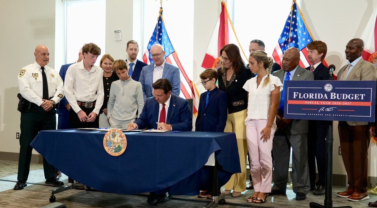 GovRonDeSantis's tweet photo. Over the last seven and a half years, Florida has set the national standard for conservative governance, while breaking record after record in economic strength, education, and environmental stewardship. We’ve delivered billions in tax relief to families while making historic investments in the priorities that matter most to Floridians.

The FY 2026-2027 Budget I signed today reflects the core priorities I laid out from the beginning. This budget protects taxpayers’ interests, cuts spending for the fourth year in a row, and makes meaningful investments to build on Florida’s successes in education, public safety, environmental conservation, infrastructure, cancer research, and more.

I’m proud that Florida continues to serve as the prime example of fiscal responsibility and government that works for the people of our state.