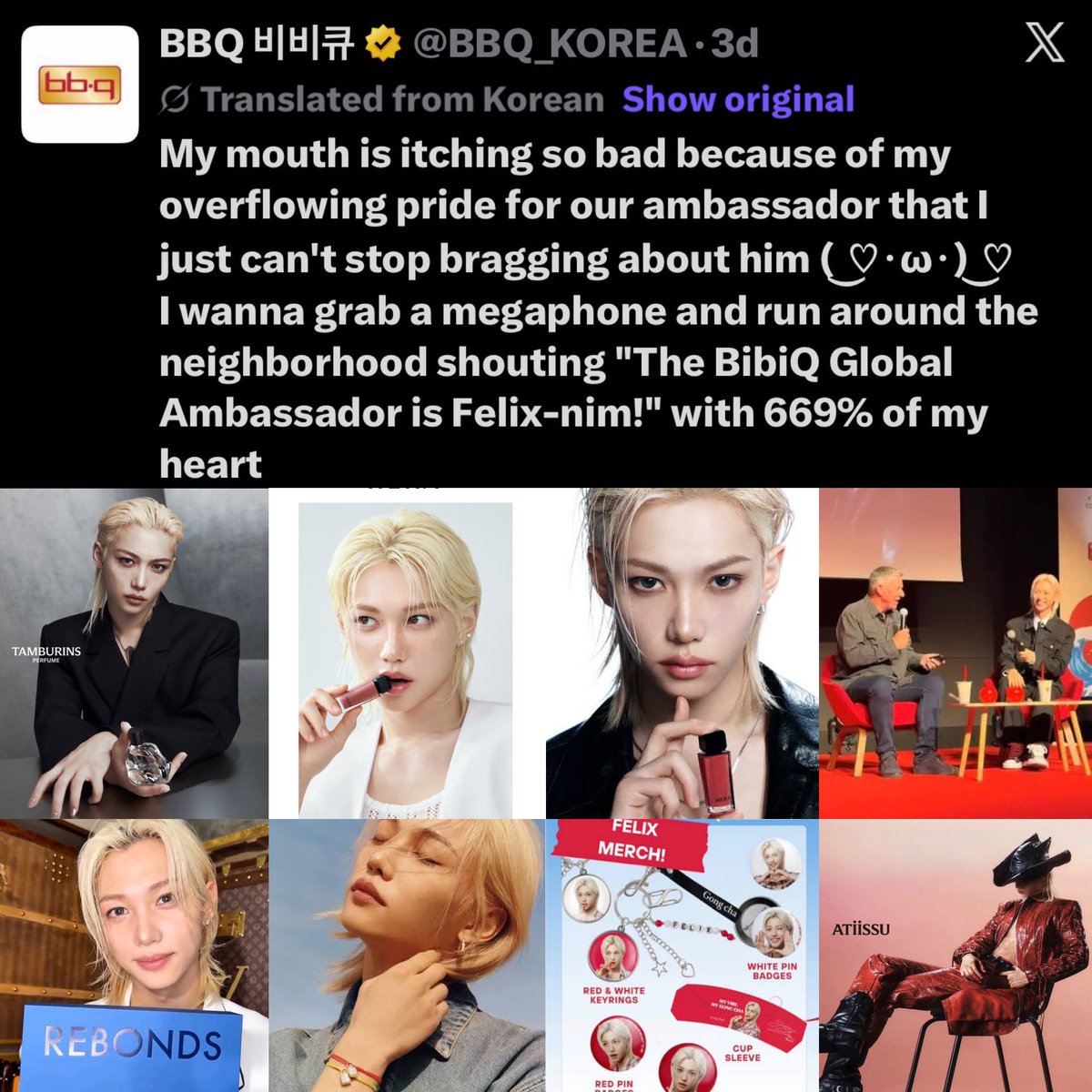 fallen_skz's tweet photo. Sorry for the long post but I need to say this. I need people to use some common sense for a moment. 

To anyone who is remotely believing the shit that is being said about L1x…just a few things. 

If he was truly being pushed and his ambassadorships bought, would his brands adore him so much? Like it wouldn’t make sense for them to do all the stuff they do if they didn’t want him. 

L*V wouldn’t let him walk the runway or let him design jewellery or put him in important publications or send private jets for him or send film crews when he misses FW or like all his content with other brands. 

G0ng Cha wouldn’t renew his contract …first time ever they have done it. They wouldn’t make merch or post about him constantly or make menu items for him or ask him to attend an important event. 

He*ra wouldn’t develop different products for him or name them after him or do a ton of advertising with him or support his other brands or share his and the boys releases. 

Tamb*urins wouldn’t name products after him or advertise with him or invite him to every event they can. 

ATii*SSU wouldn’t share him all over their SM or fly him to different countries for events or fly him to another country to film content. 

G*M wouldn’t post about him almost hourly wearing their glasses or name products after him. 

BB*q wouldn’t be gushing over him answering fans posts …even ones with a few likes. 

Adid*as wouldn’t have him at big events and use him for major advertising as soon as they signed him. 

Thats not even mentioning the brands who share and talk about him constantly…the ones who support him without him being ambassador. All the people who gush about how amazing he is and love him. All the media who support him and release articles daily! 

None of that is because one company pushes him…no company or person is that powerful.  

And if you still believe what they are trying to convince you…well I have a bridge to sell you….